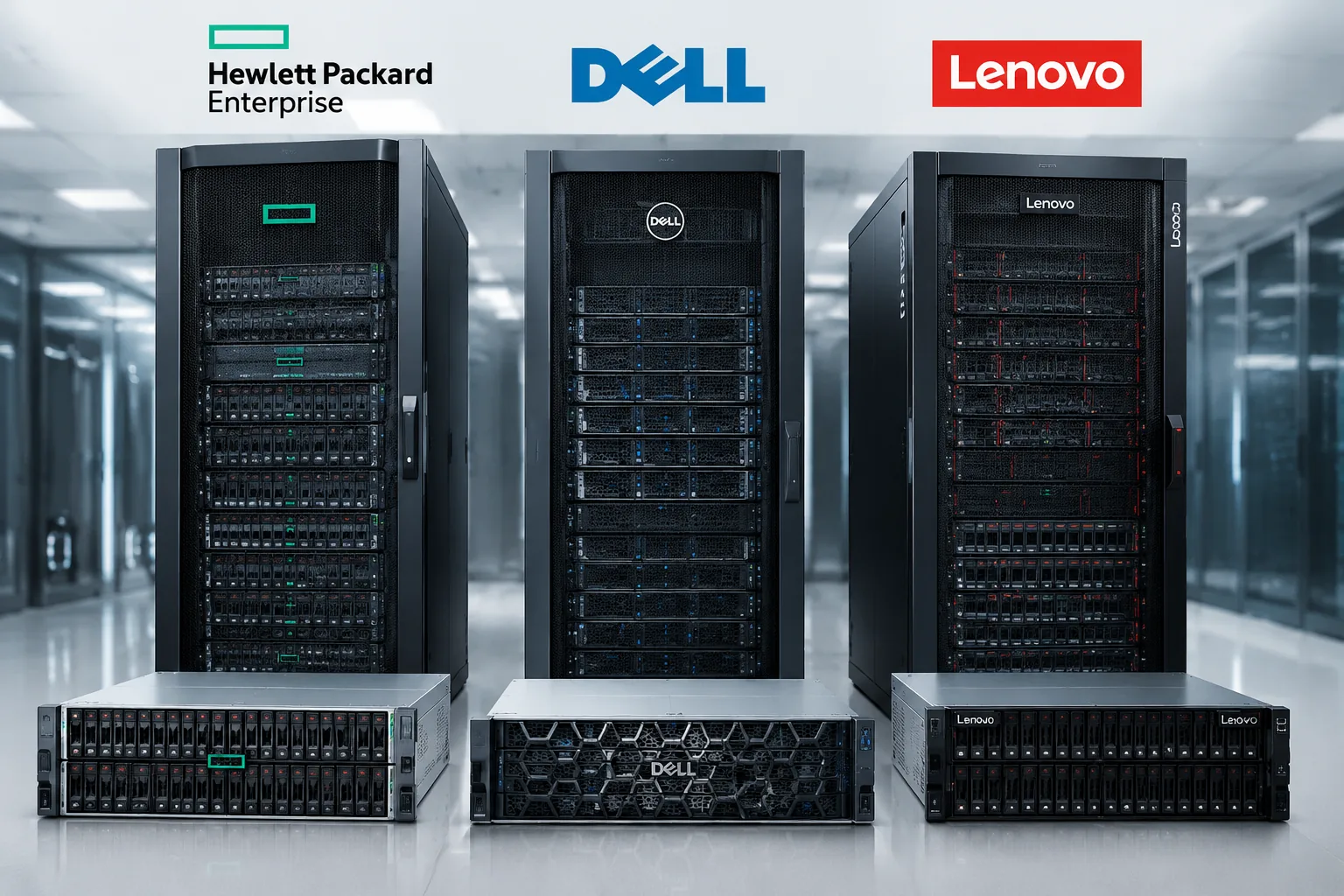 HPE, Dell and Lenovo server and storage racks